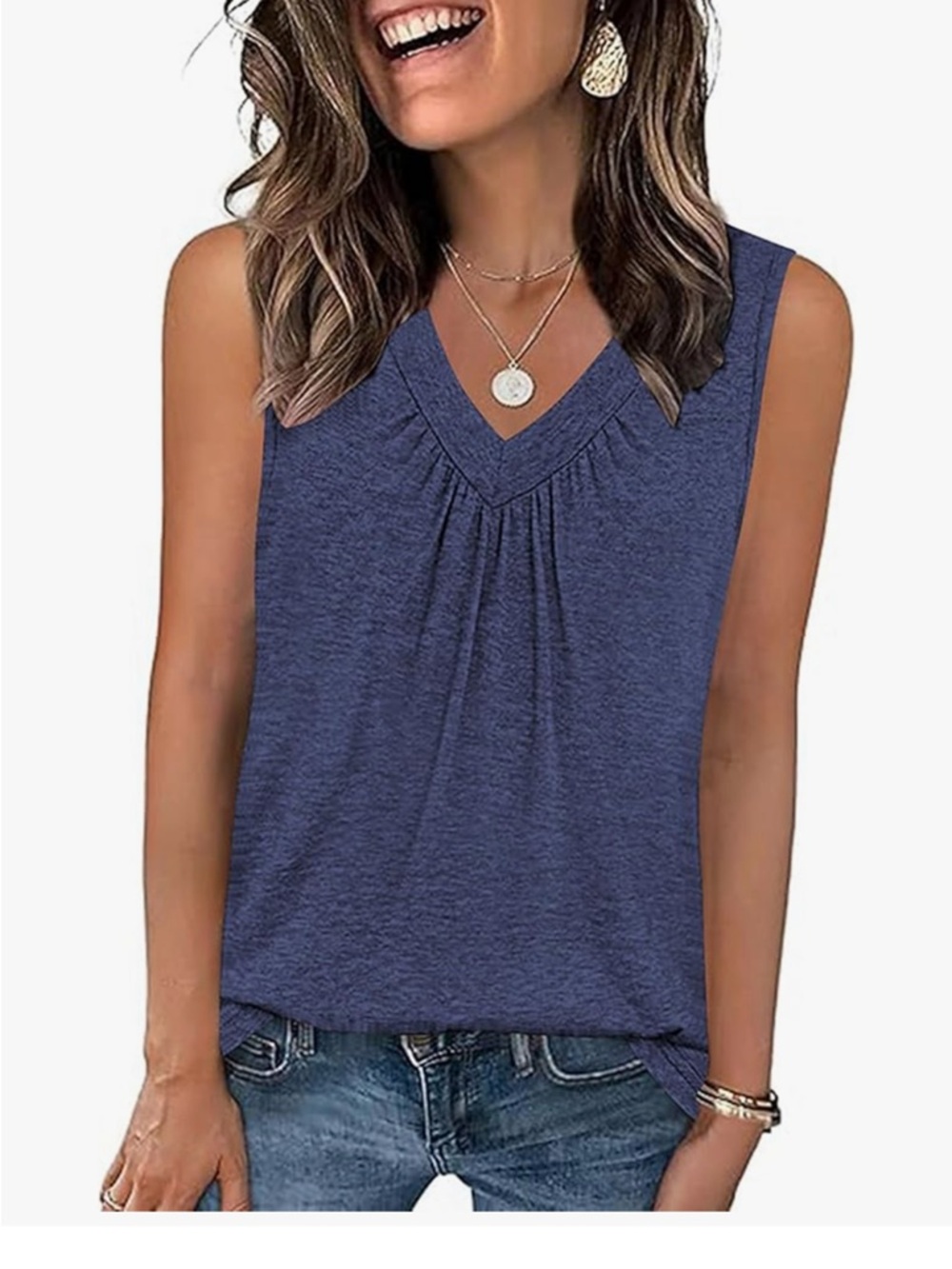 Sleeveless V-Neck Gathered Blue Top